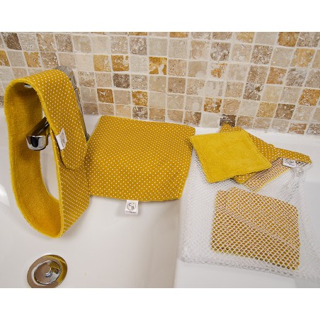 Ensemble lingettes démaquillantes lavables, serviette visage et bandeau make-up jaune curcuma