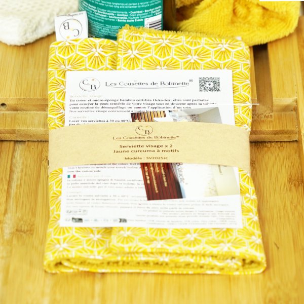 Lot de 2 serviettes visage en coton et micro-éponge bambou OEKO-TEX Jaune Curcuma Riad. +/- 21 cm de côté.