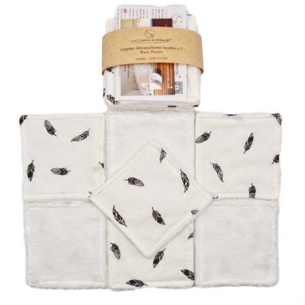 Lot de 7 lingettes démaquillantes lavables Blanc Plumes Coton et micro éponge Bambou OEKO-TEX
